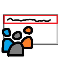 An empty white name tag with a red box at the top containing a black squiggle to represent text. Over the lower left corner are the outlines of three people, colored blue, gray, and orange.